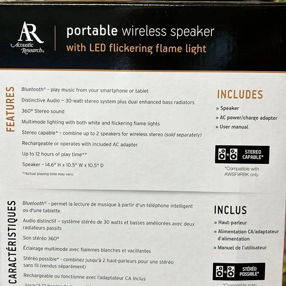 Acoustic Research portable wireless speaker w/flickering flame light Portable Speakers